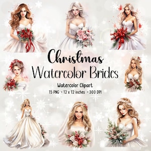 Watercolor Christmas Brides | Watercolor Brides | Clipart Bundle | Christmas Wedding | Brides PNG | PNG Bundle | Watercolor Bride Clipart