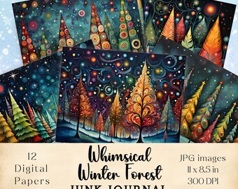 May include: A collection of 12 digital papers featuring whimsical winter forest scenes. The artwork showcases colorful, stylized trees under starry skies. The papers are 11 x 8.5 inches and 300 DPI. The text on the image reads "Whimsical Winter Forest JUNK JOURNAL".