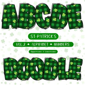 St Patrick&#39;s Day Doodle Alphabet Clipart: Green Plaid Shamrock (PNG Digital Download)
