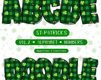 Clipart del alfabeto doodle del Día de San Patricio: Trébol a cuadros verdes (Descarga digital PNG)