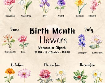 24 Birth Month Flowers Clipart | Watercolor | Clipart Bundle | Floral PNG | Flower Bundle | Floral Print | Botanical Clipart | Birth Flower
