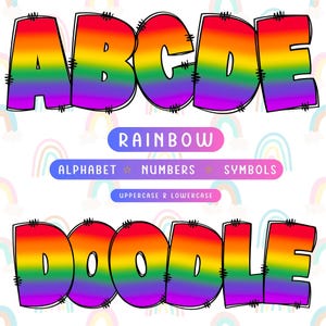 Rainbow Doodle Alphabet Clipart: Glitter PNG Bundle (Digital Download)