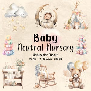 Watercolor Neutral Baby Nursery | Watercolor Clipart | Clipart Bundle | Nursey Clipart | Baby Shower Clipart | Neutral Decor | Baby Clipart