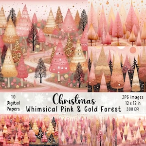 ピンクとゴールドのクリスマスフォレストデジタルペーパーパック（12 x 12インチ）