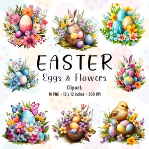 Easter Eggs and Flowers Clipart | Watercolor Clipart | Flower PNG | Easter PNG | Easter Bunnies | Chick | Easter Clipart | Easter Floral