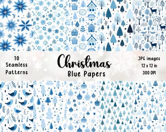 Blue Christmas Digital Paper: Seamless Holiday Patterns (JPG Files)