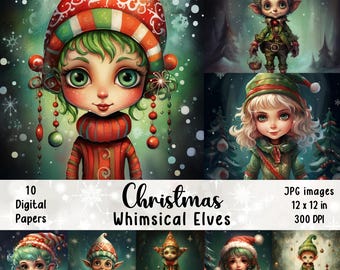 Whimsical Christmas Elves Digital Paper Pack: Scrapbook JPG (Instant Download)