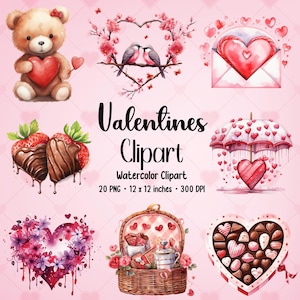 Watercolor Valentines Clipart | Valentine&#39;s Day | Clipart Bundle | Teddy Bear | Valentines PNG | PNG Bundle | Scrapbook Clipart