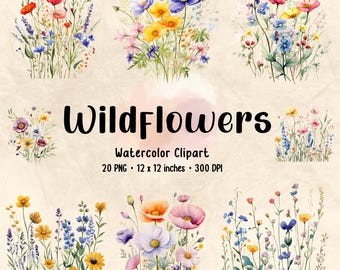 May include: Watercolor clipart featuring colorful wildflowers in various arrangements. The image includes text that reads "Wildflowers Watercolor Clipart 20 PNG 12 x 12 inches 300 DPI". The flowers are in shades of red, yellow, blue, and purple.