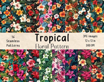 Tropical Floral Seamless Patterns: Watercolor Digital Paper (JPG)