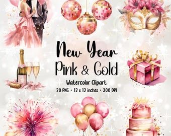 Pink & Gold New Year Clipart Bundle: Festive PNG Graphics (Digital Download)