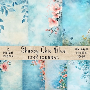 Vintage Shabby Chic Blau Seiten | Blaue Blumen | Aquarell Notizbuch | Romantisch Blumen | Druckbar | Digital Journal Seiten | Sammelalbum