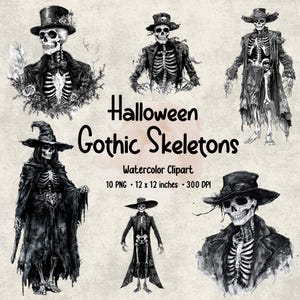 Gothic Halloween Skeletons Clipart: Black & White Watercolor PNG (Digital Download)