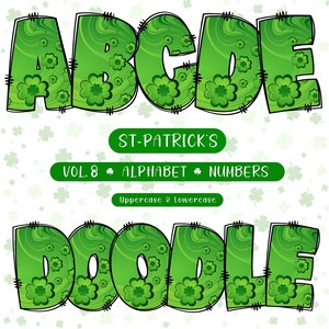 St-Patrick&#39;s Day Doodle Alphabet Clipart: Letters, Numbers, Symbols (PNG Digital Download)