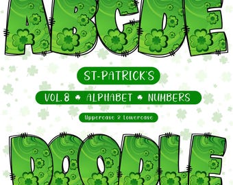 Clipart dell'alfabeto scarabocchiato per il giorno di San Patrizio: lettere, numeri, simboli (download digitale PNG)