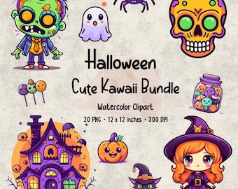 Söt Halloween Kawaii Akvarell Clipart Bundle (PNG)
