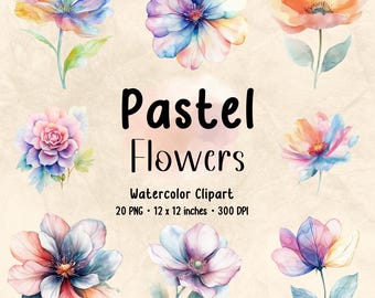 Pastel Flowers Watercolor Clipart: Floral PNG Bundle (Digital Download)