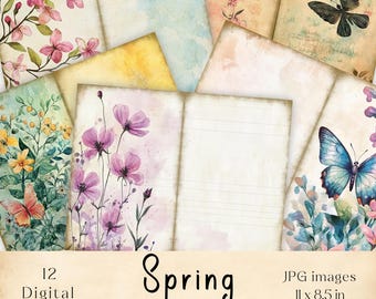 Pagine del diario vintage di primavera: collage di farfalle floreali (download digitale)