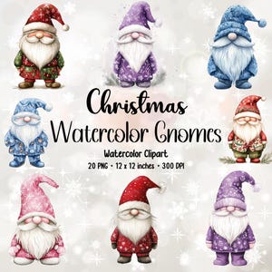 Gnomos navideños en acuarela / Gnomos lindos / Paquete de imágenes prediseñadas / Gnomo de acuarela / Gnomos PNG / Paquete PNG / Imágenes prediseñadas navideñas / Acuarela PNG