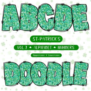 St. Patrick&#39;s Day Doodle Alphabet Clipart: Letters, Numbers, Symbols (PNG Digital Download)