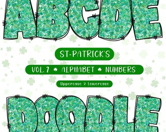 Clipart dell'alfabeto scarabocchiato per il giorno di San Patrizio: lettere, numeri, simboli (download digitale PNG)