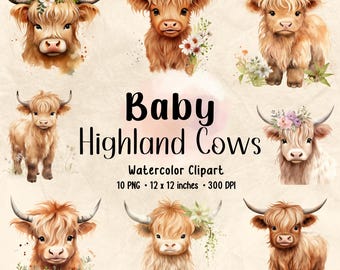 Watercolor Baby Highland Cow Clipart Bundle (Digital Download)