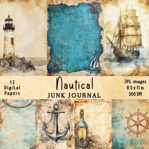 Vintage Nautical Junk Journal Pages | Ship | Anchor | Bottle | Lighthouse | Printable | Digital Journal Pages | Collage Sheet | Scrapbooking