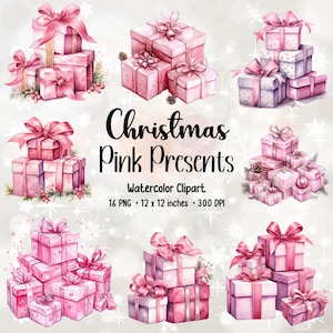 Regalos navideños de acuarela rosa / Clipart de regalo / Paquete de clipart / PNG navideño / Paquete PNG / Navidad rosa / Clipart rosa