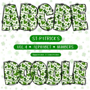 St-Patrick&#39;s Day Doodle Alphabet Clipart: Letters, Numbers, Symbols (PNG Digital Download)