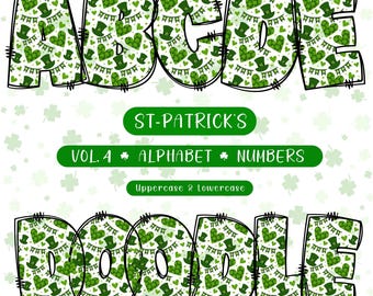Clipart dell'alfabeto scarabocchiato per il giorno di San Patrizio: lettere, numeri, simboli (download digitale PNG)