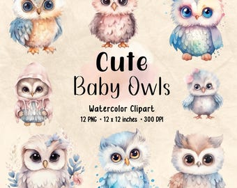 Watercolor Baby Owls Clipart | Nursery PNG Bundle (Digital Download)