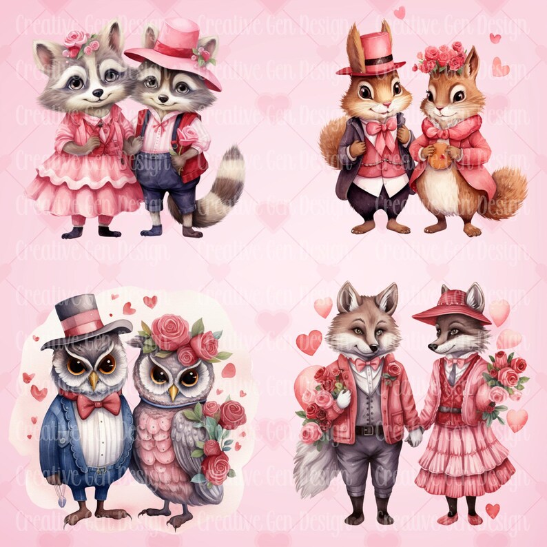 Watercolor Valentines Animal Couples Clipart Bundle (PNG) - Etsy
