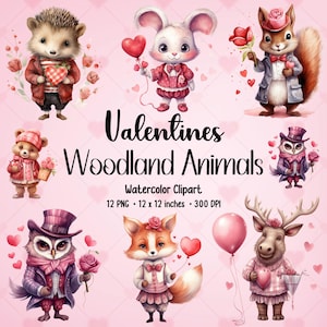 Watercolor Valentines Woodland Animals Clipart: PNG Bundle (Digital Download)