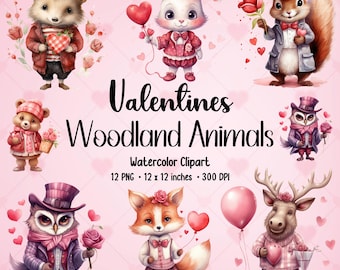 Watercolor Valentines Woodland Animals Clipart: PNG Bundle (Digital Download)