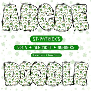 St. Patrick&#39;s Day Doodle Alphabet Clipart: PNG Letters, Numbers, Symbols (Digital Download)