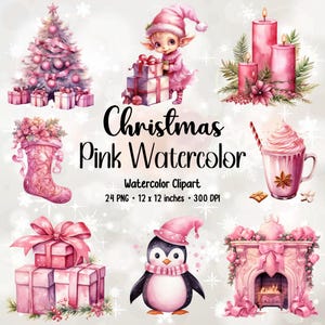 Pink Christmas Watercolor Clipart Bundle (PNG)