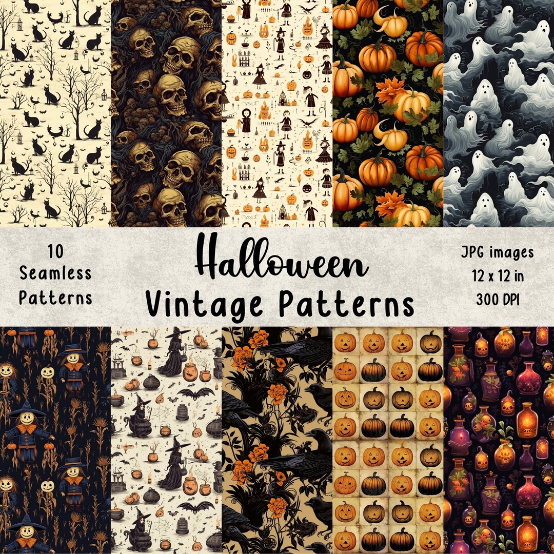 Vintage Halloween Seamless Patterns: Spooky Digital Paper (JPG Files