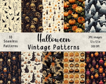 Puede incluir: Diez patrones vintage de Halloween sin costuras en formato JPG. Cada patrón mide 30,5 cm por 30,5 cm y 300 DPI. Los patrones presentan varios temas de Halloween, incluidos cráneos, calabazas, fantasmas, cuervos y brujas.