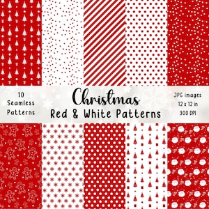 Puede incluir: Diez patrones de Navidad sin costuras digitales en rojo y blanco. Los patrones incluyen copos de nieve, hombres de jengibre, árboles de Navidad, lunares y rayas. Los patrones son de 30,5 cm por 30,5 cm y 300 DPI.