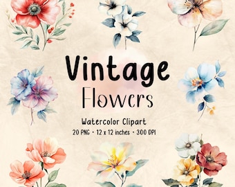 Vintage Watercolor Flower Clipart: Floral PNG Bundle (Digital Download)