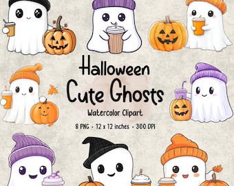 Clipart aquarelle mignon de fantômes d'Halloween | Pack PNG