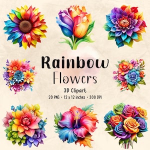 May include: A set of 20 digital clipart images featuring rainbow coloured flowers. The flowers include sunflowers, roses, hibiscus, dahlias, and succulents. The images are 12 x 12 inches and 300 DPI.