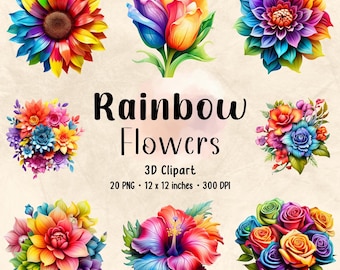 Rainbow Flowers Clipart | 3D Clipart | Clipart Bundle | Floral PNG | Flower Bundle | Floral Print | Botanical Clipart | Multicolored Flower
