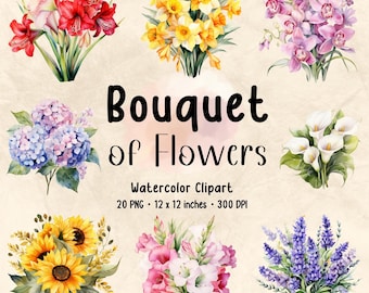 Akvarell blombukett Clipart: Blommig PNG-paket (digital nedladdning)