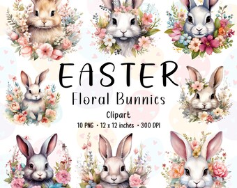 Watercolor Easter Bunnies Clipart: Floral PNG Bundle (Digital Download)