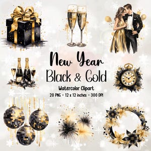 Schwarz Gold Neujahr Clipart | Silvester | Clipart-Bundle | Feier | Neujahr PNG | PNG-Bundle | Party Clipart | Kartenherstellung