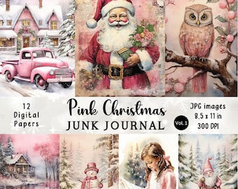 Pink Christmas Junk Journal Pages: Vintage Ephemera (Digital Download)