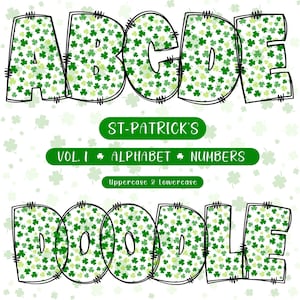 St. Patrick&#39;s Day Shamrock Doodle Alphabet Clipart (PNG Digital Download)