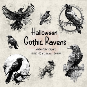 Gothic Halloween Black & White Ravens Clipart | Watercolor Gothic | Gothic Clipart Bundle | Spooky Halloween | PNG | Digital Download