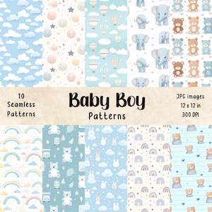 Nursery Baby Boy Seamless Patterns | Baby Pattern | Baby Shower | Scrapbook | Baby Boy Pattern | Digital Paper | Blue Baby Boy